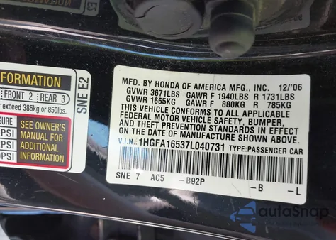 2007 Honda Civic Lx из США, поврежденный, VIN 1HGFA16537L040731